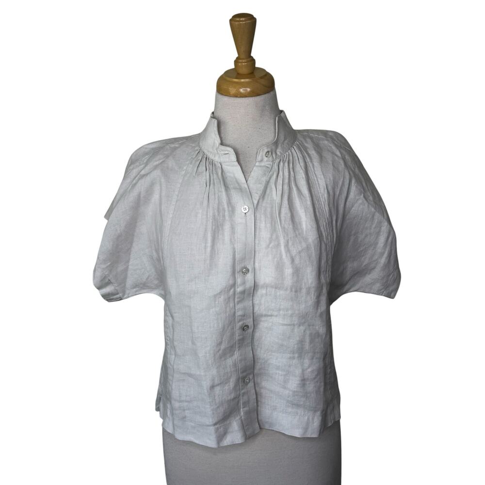 AYR The Bloom Short Sleeve Button Up Blouse 100% Linen Ivory Tan Size XS